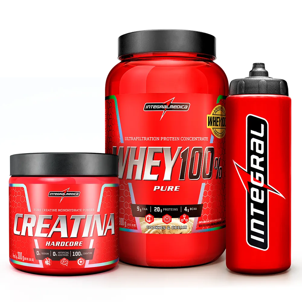 Combo Whey 100% Pure + Creatina Hardcore + Coqueteleira